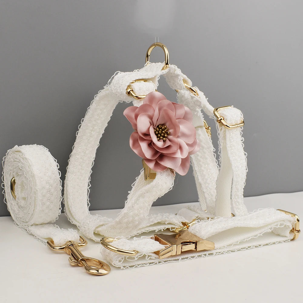 Personalized Floral Dog Collar, Leash &amp; Harness Set – Custom Engraved Name Tag for Weddings &amp; Everyday Use - Ditzy Petunia