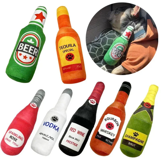 Plush Bottle-Shaped Dog Toys – Squeaky, Soft, and Chew-Friendly