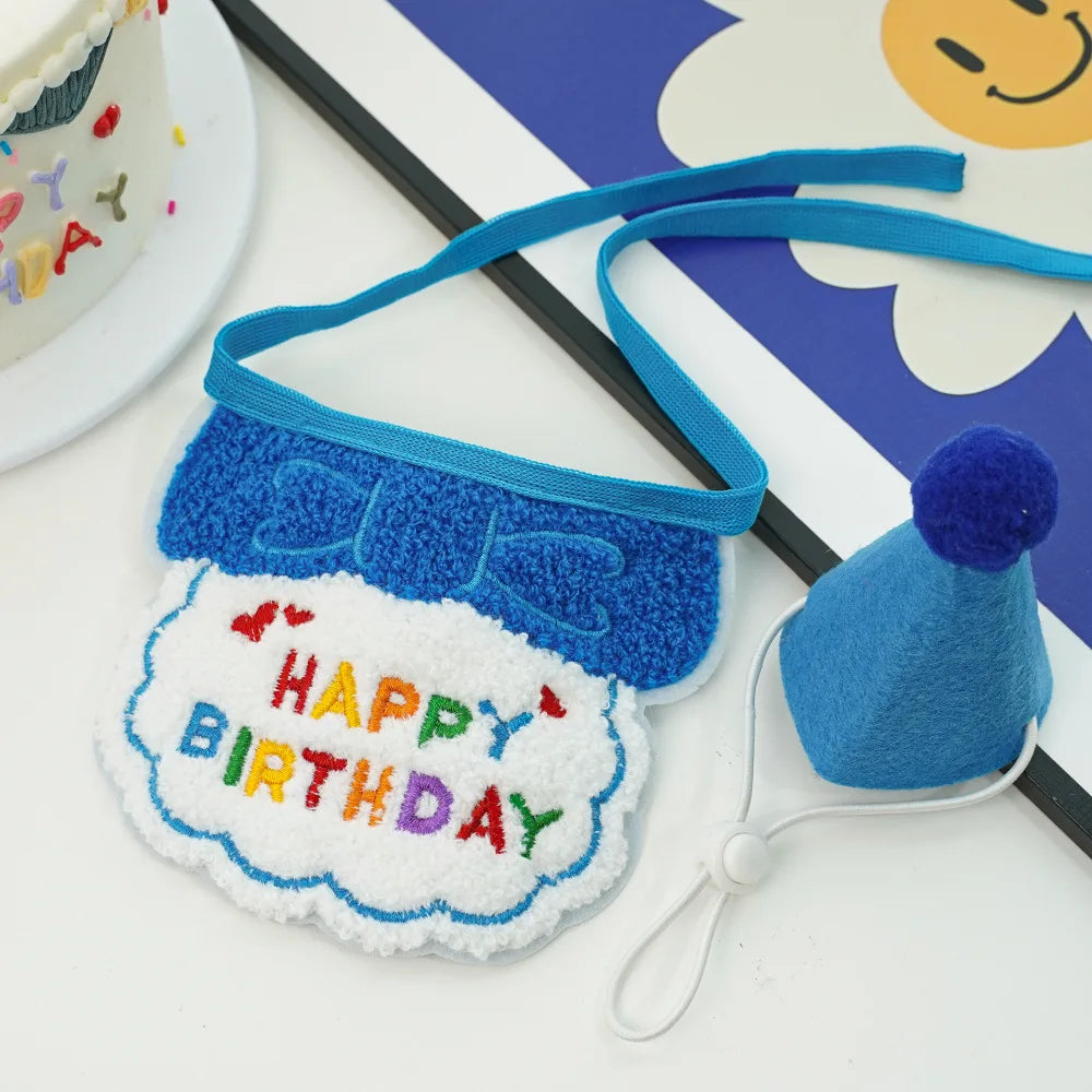 Pet Birthday Hat &amp; Scarf Set – Adjustable Cat/Dog Birthday Supplies with Mini Saliva Towel - Ditzy Petunia