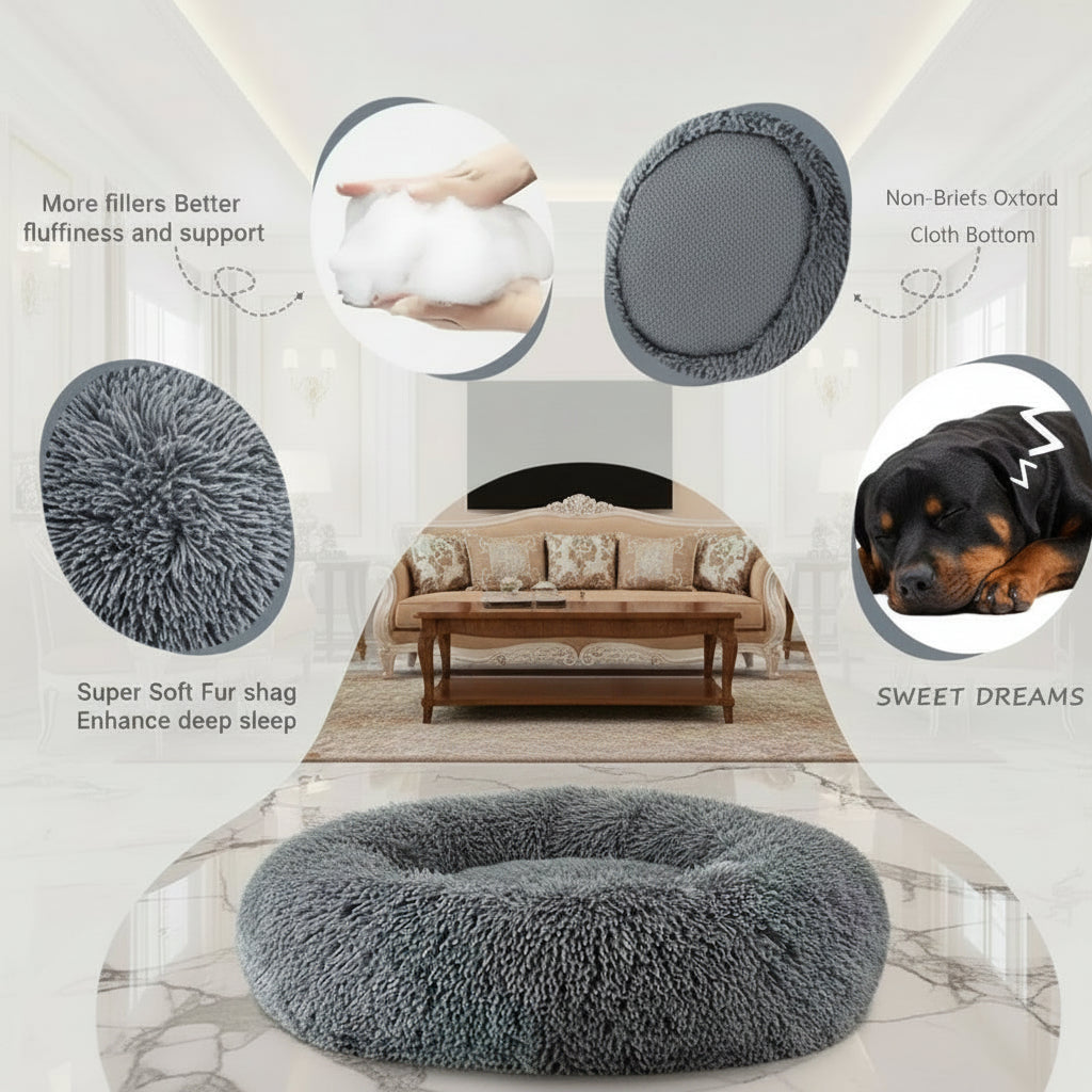Soft plush round pet bed by Ditzy Petunia with a raised rim, washable anti-slip base, available in various sizes and colors.