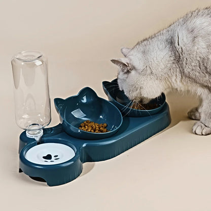 3-in-1 Tilted Cat Bowl Set with Gravity Water Feeder – Neck-Friendly Elevated Design
