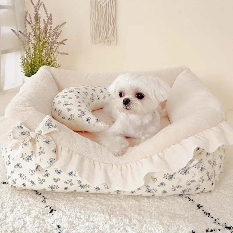 Eco-Friendly Cotton Dog Bed – Machine Washable Pet Sofa - Ditzy Petunia
