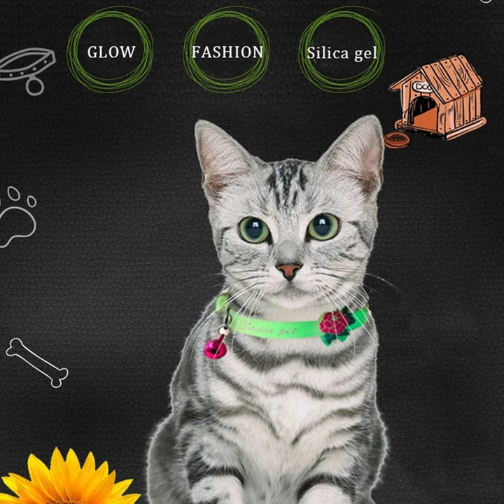 Reflective &amp; Luminous Silicone Cat Collar with Bell – Anti-Loss Fluorescent Cat Accessories - Ditzy Petunia
