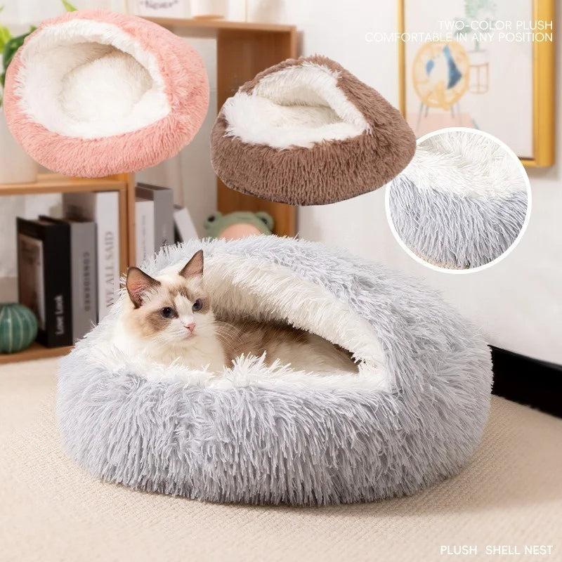 Hooded Plush Cat Nest Bed – Breathable Long Hair Pet Cave - Ditzy Petunia