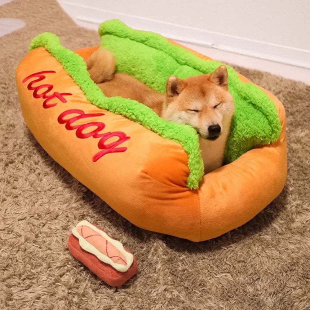 Hot Dog Dog Bed — Breathable Plush Washable Pet Sofa with Anti-Slip Base