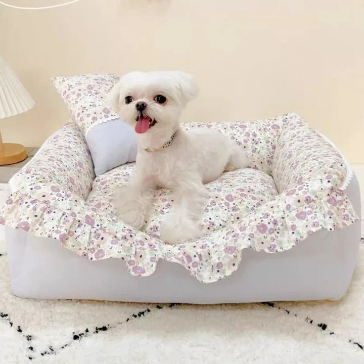 Eco-Friendly Cotton Dog Bed – Machine Washable Pet Sofa - Ditzy Petunia