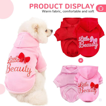 Soft Warm Dog Hoodie with Leash Hole & Bowtie – Fleece Lined Sweatshirt for Small Dogs & Cats, Fall Winter Pet Apparel