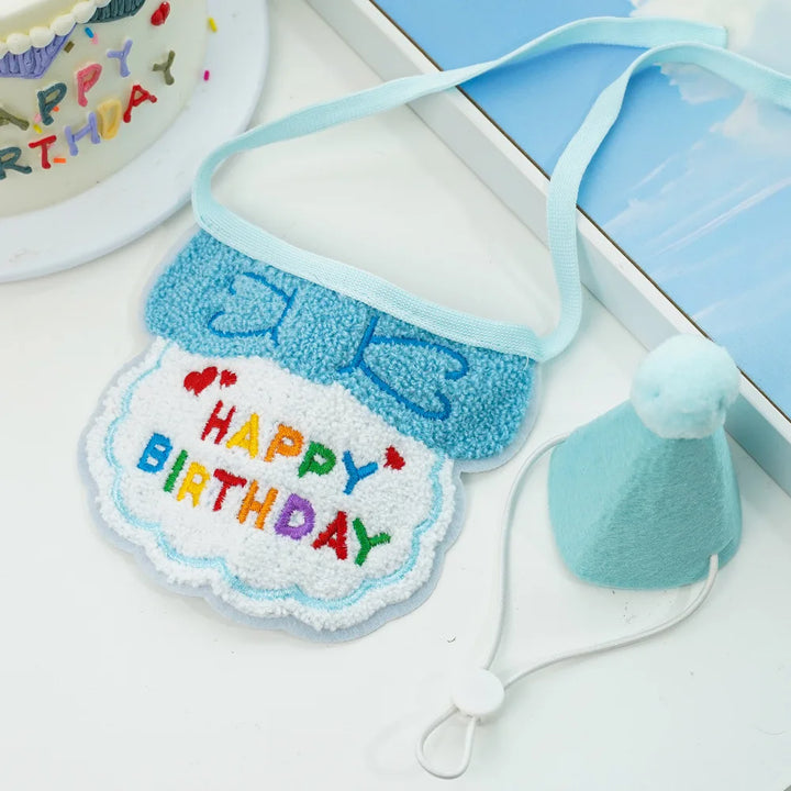 Pet Birthday Hat &amp; Scarf Set – Adjustable Cat/Dog Birthday Supplies with Mini Saliva Towel - Ditzy Petunia