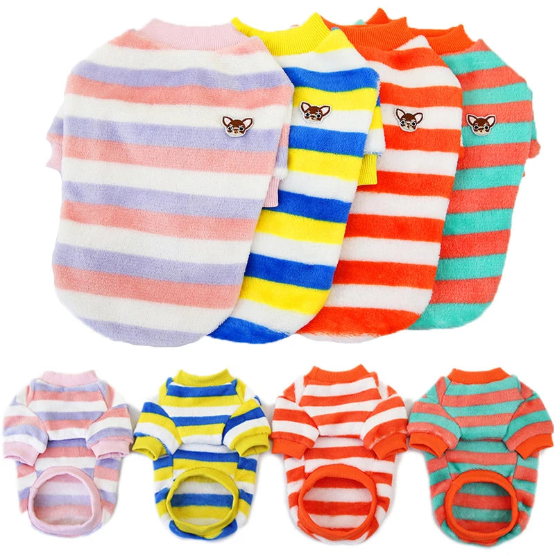 Rainbow Striped Dog Clothes - Warm Fleece Vest Shirt for Small Dogs & Cats, Winter Apparel - Ditzy Petunia
