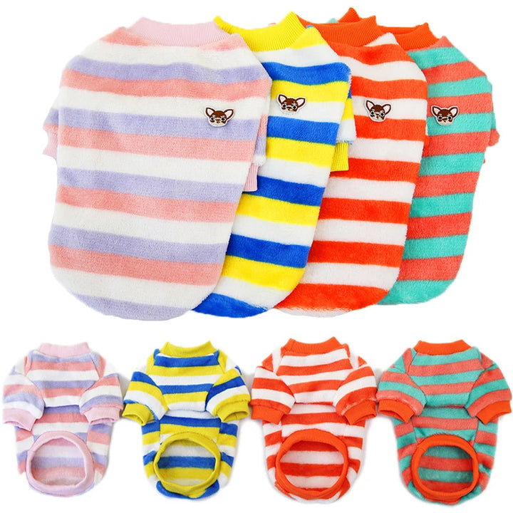 Rainbow Striped Dog Clothes - Warm Fleece Vest Shirt for Small Dogs &amp; Cats, Winter Apparel - Ditzy Petunia