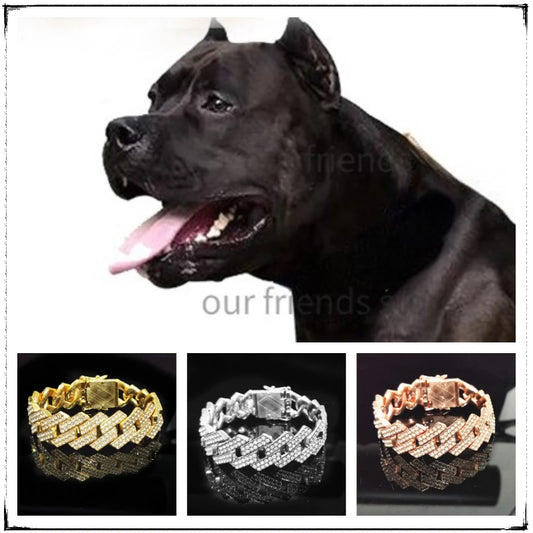 Luxury Cuban Chain Dog Collar with Rhinestones – 20mm Metal Bling Collar for Medium & Large Dogs