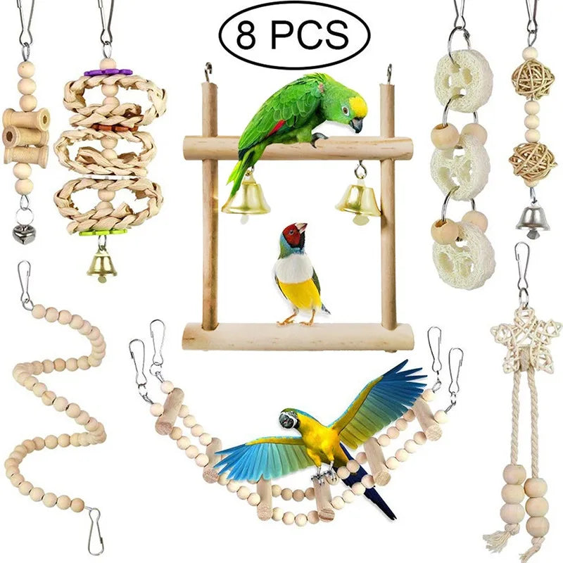 8PCS Natural Wooden Bird Toys – Swing, Perch, Bridge & More