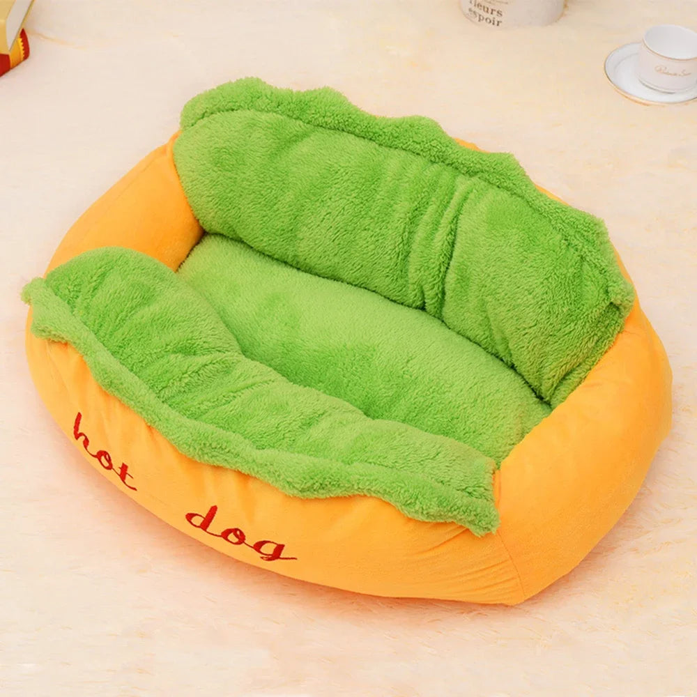 Hot Dog Dog Bed — Breathable Plush Washable Pet Sofa with Anti-Slip Base