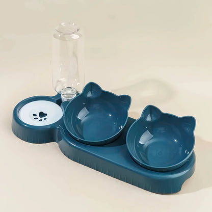 3-in-1 Tilted Cat Bowl Set with Gravity Water Feeder – Neck-Friendly Elevated Design