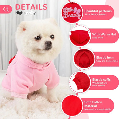 Soft Warm Dog Hoodie with Leash Hole & Bowtie – Fleece Lined Sweatshirt for Small Dogs & Cats, Fall Winter Pet Apparel