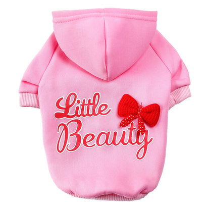 Soft Warm Dog Hoodie with Leash Hole & Bowtie – Fleece Lined Sweatshirt for Small Dogs & Cats, Fall Winter Pet Apparel