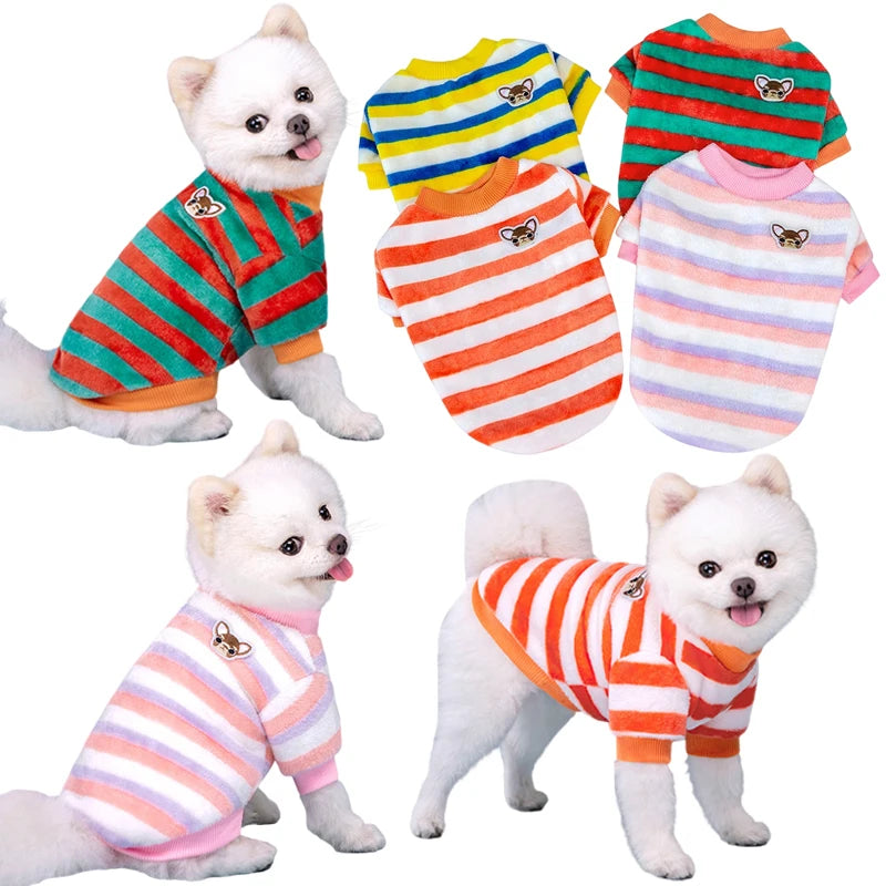 Rainbow Striped Dog Clothes - Warm Fleece Vest Shirt for Small Dogs & Cats, Winter Apparel - Ditzy Petunia
