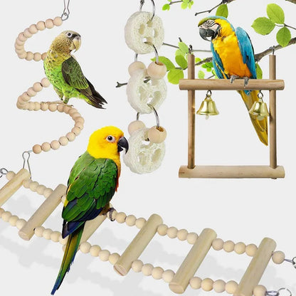 8PCS Natural Wooden Bird Toys – Swing, Perch, Bridge & More