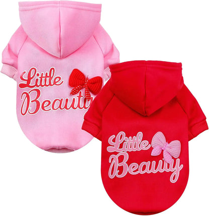 Soft Warm Dog Hoodie with Leash Hole & Bowtie – Fleece Lined Sweatshirt for Small Dogs & Cats, Fall Winter Pet Apparel