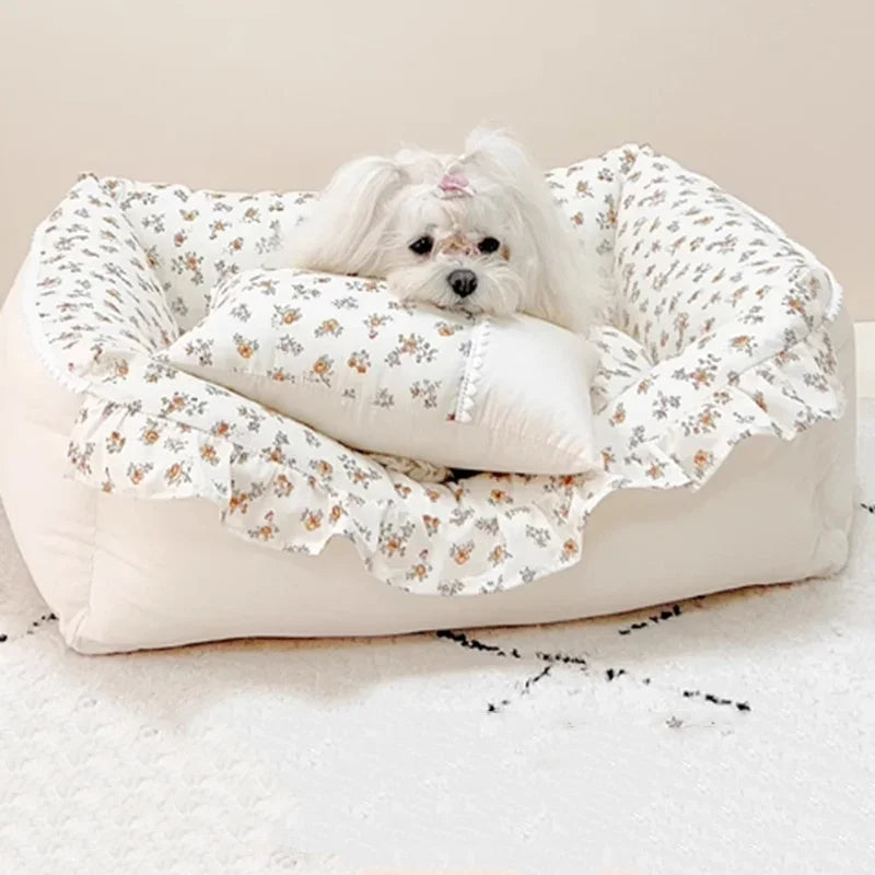 Eco-Friendly Cotton Dog Bed – Machine Washable Pet Sofa - Ditzy Petunia
