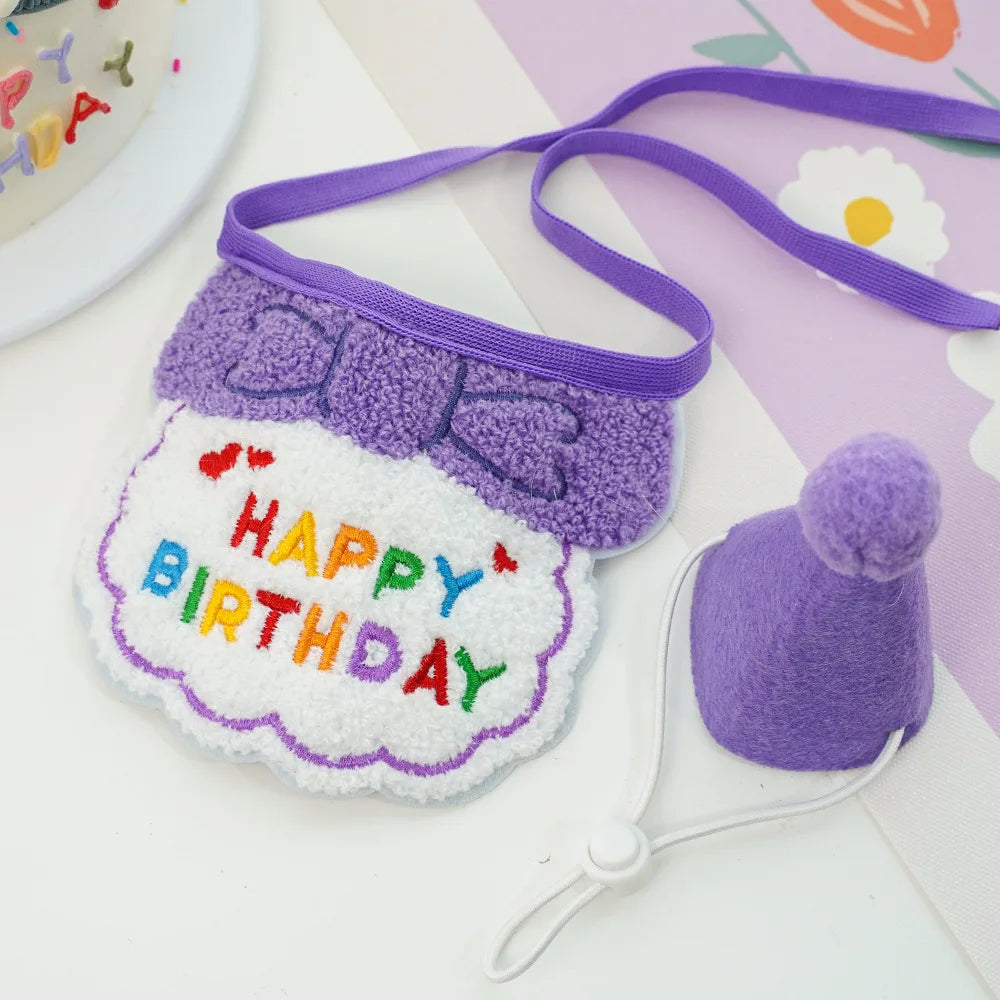 Pet Birthday Hat &amp; Scarf Set – Adjustable Cat/Dog Birthday Supplies with Mini Saliva Towel - Ditzy Petunia