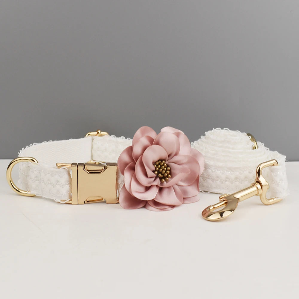 Personalized Floral Dog Collar, Leash & Harness Set – Custom Engraved Name Tag for Weddings & Everyday Use