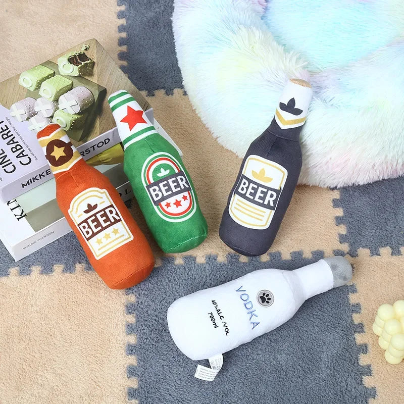 Plush Bottle-Shaped Dog Toys – Squeaky, Soft, and Chew-Friendly