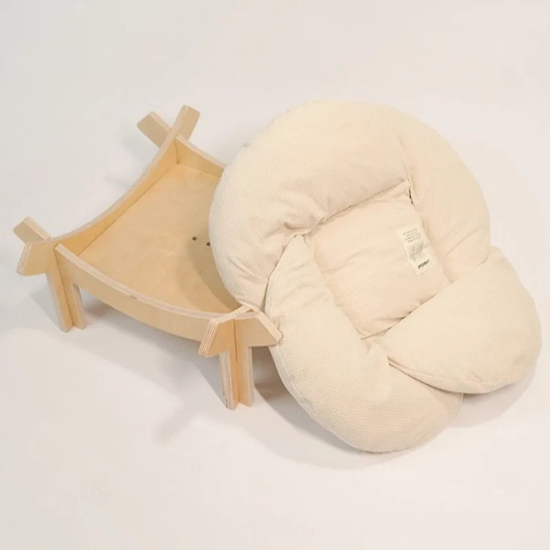 Breathable Wooden Cat Bed with Petal Cushion – Birch Board Pet Nest