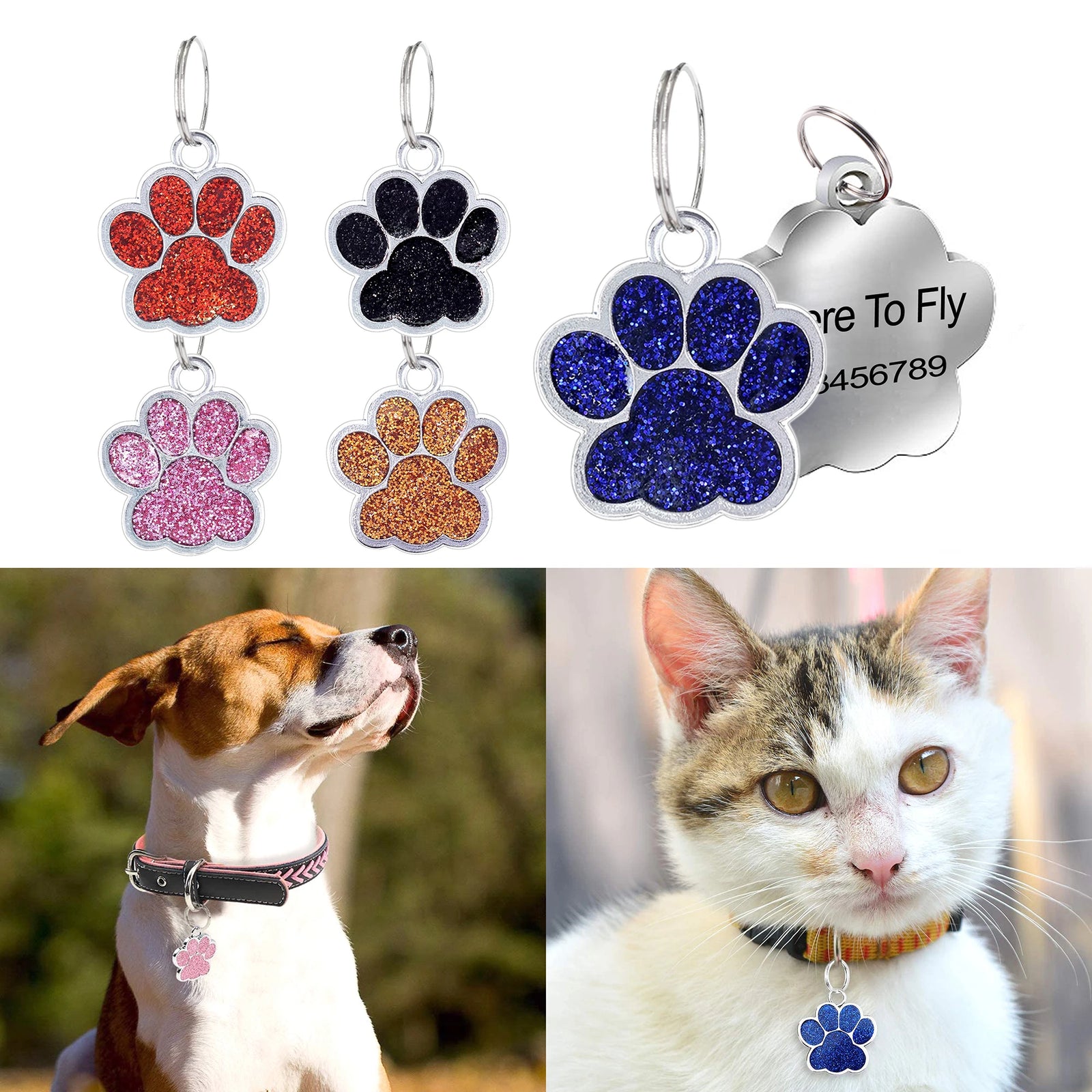 Custom Engraved Paw-Shaped Pet ID Tag – Reflective Glitter Name Tags for Dogs & Cats - Ditzy Petunia