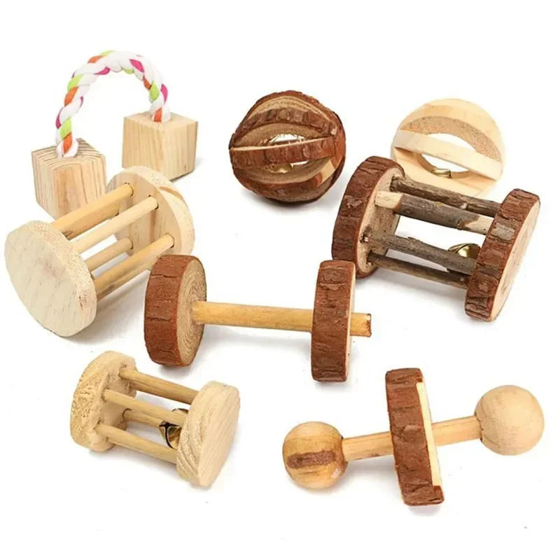 Natural wooden rabbit toy, small pet chew toys, guinea pig teeth grinding toy, pine wood dumbbell for rabbits, pet molar supplies, rat chew roller toy, wooden bell roller for small pets, bunny interactive toy, eco-friendly rabbit accessories, durable rodent chew toy.