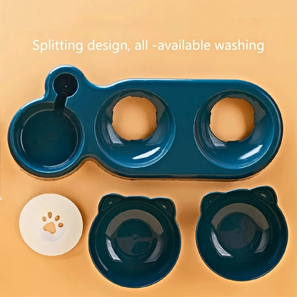 3-in-1 Tilted Cat Bowl Set with Gravity Water Feeder – Neck-Friendly Elevated Design