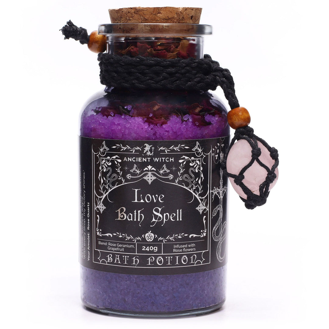 Ancient Witch Bath Spell Potion &amp; Rose Quartz Crystal Amulet - Love - Ditzy Petunia