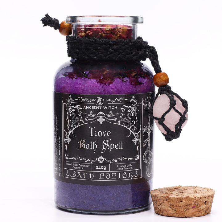 Ancient Witch Bath Spell Potion &amp; Rose Quartz Crystal Amulet - Love - Ditzy Petunia