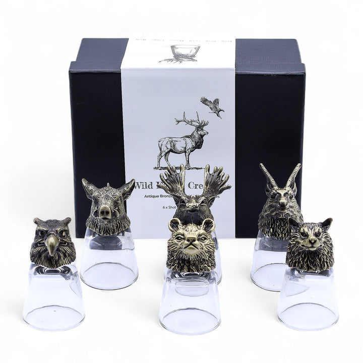 Gift Set of 6 Shot Glasses (50ml) - Wild Forest Creatures - Antique Bronze - Ditzy Petunia