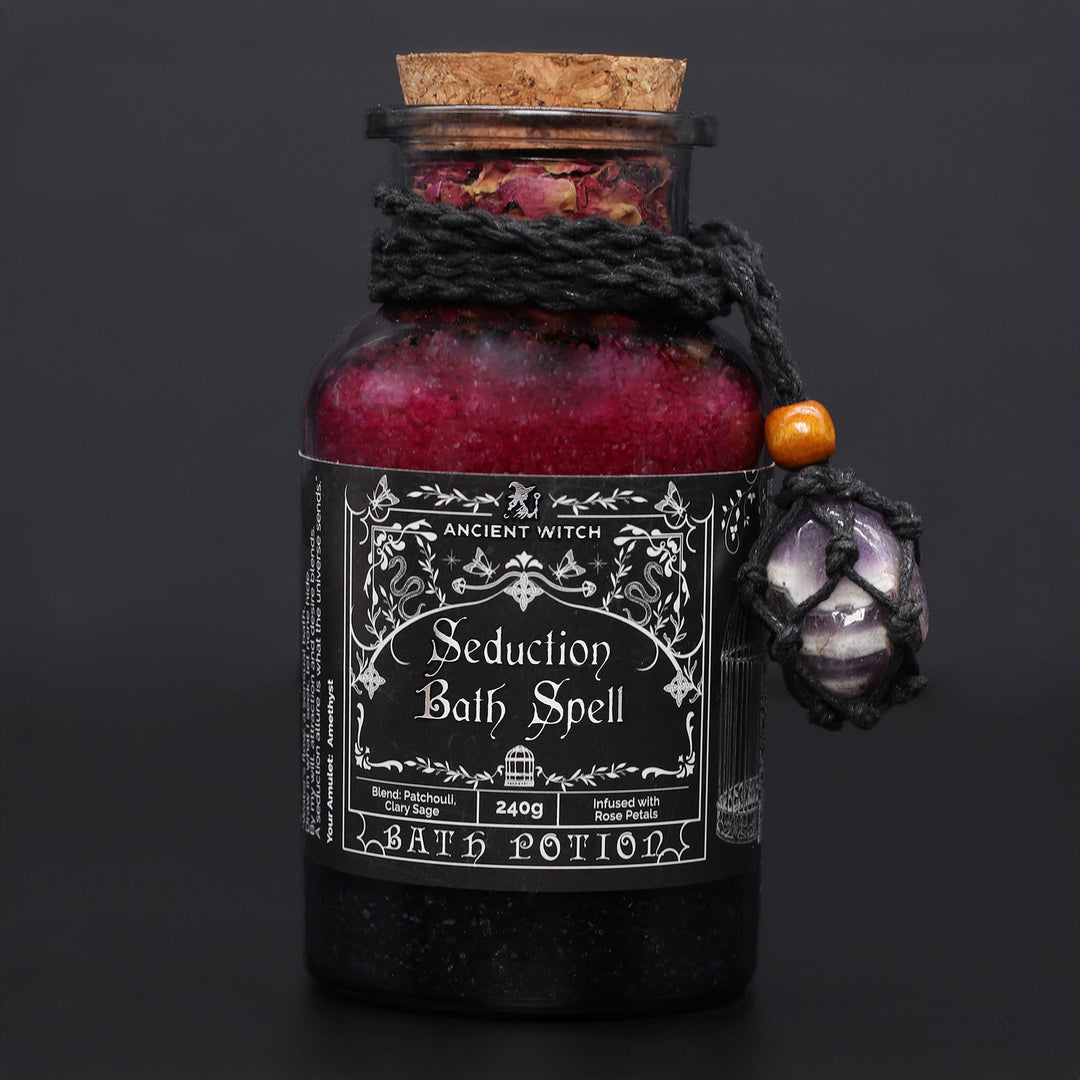 Ancient Witch Bath Spell Potion &amp; Amethyst Crystal Amulet - Seduction - Ditzy Petunia