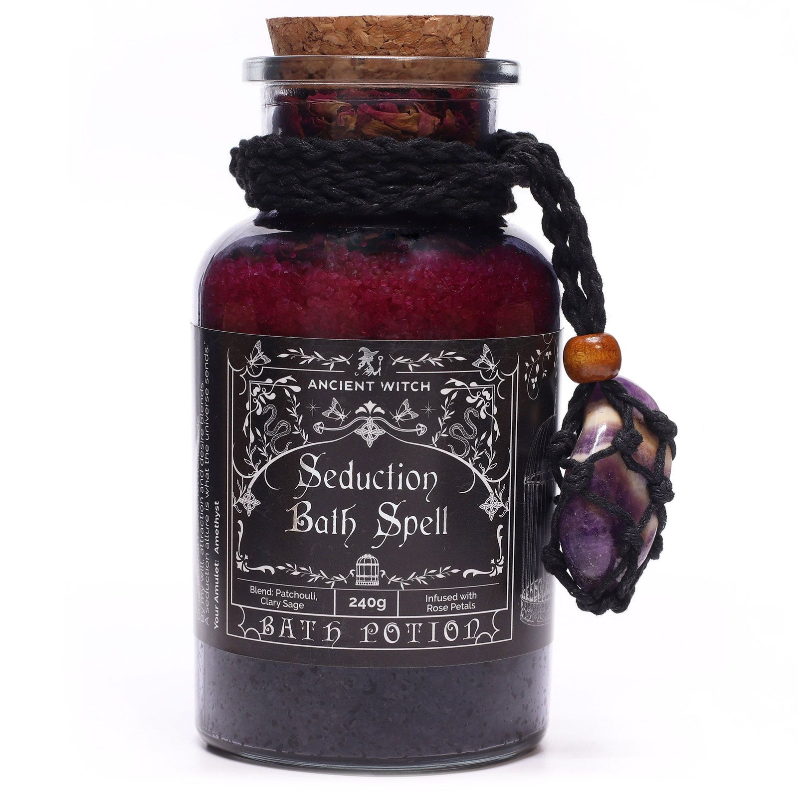 Ancient Witch Bath Spell Potion & Amethyst Crystal Amulet - Seduction - Ditzy Petunia