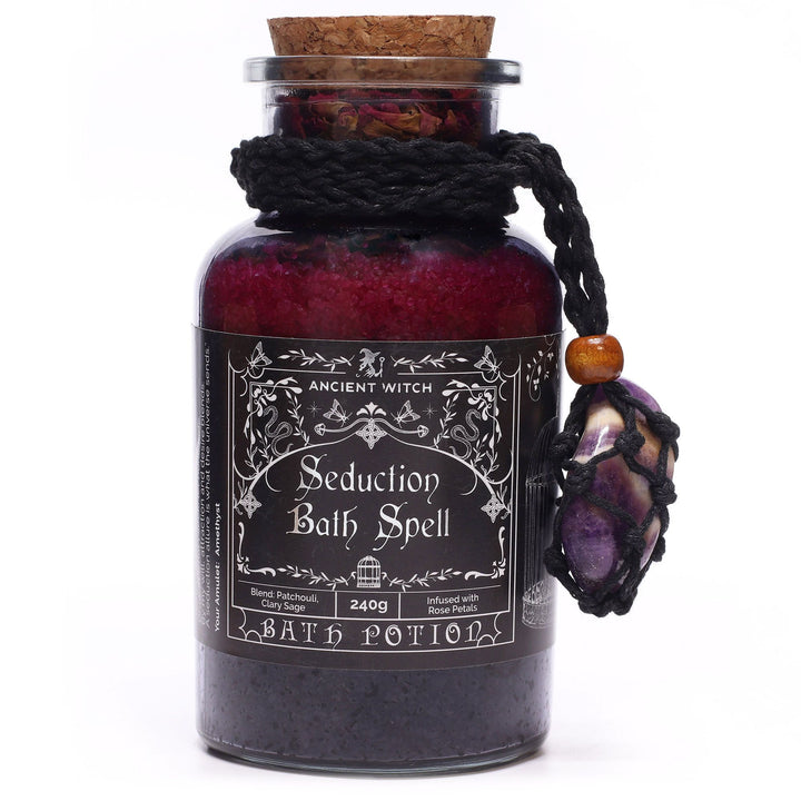 Ancient Witch Bath Spell Potion &amp; Amethyst Crystal Amulet - Seduction - Ditzy Petunia