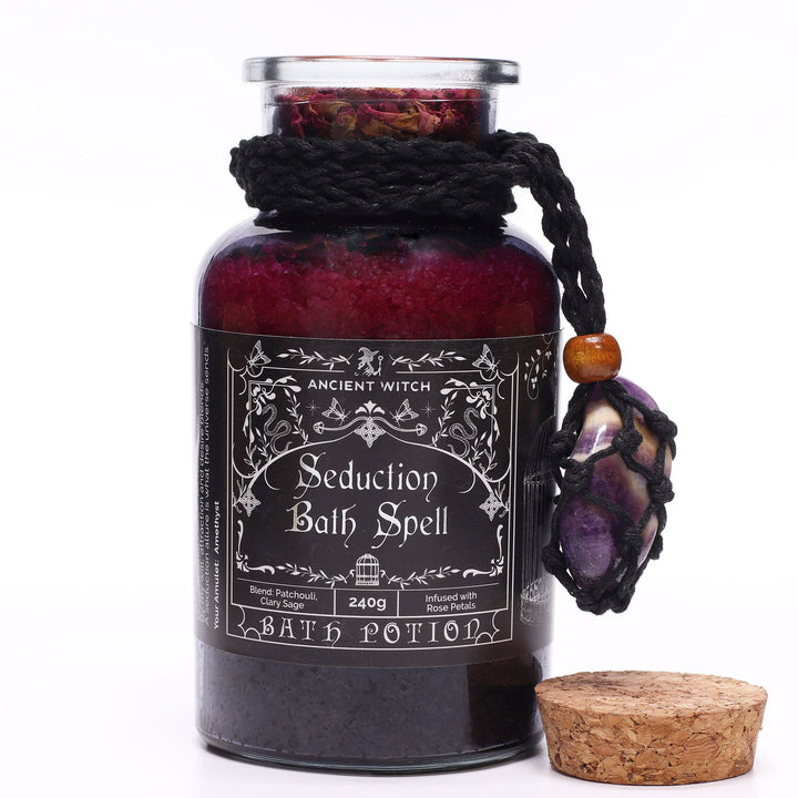 Ancient Witch Bath Spell Potion &amp; Amethyst Crystal Amulet - Seduction - Ditzy Petunia