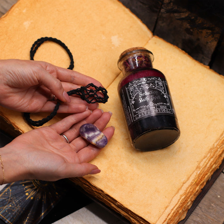 Ancient Witch Bath Spell Potion &amp; Rock Crystal Amulet - Cleansing - Ditzy Petunia